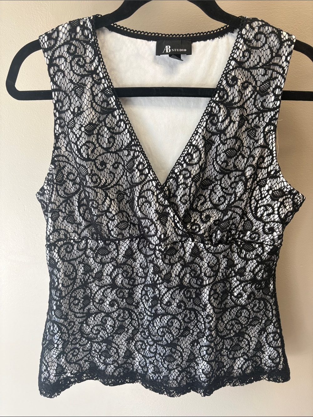 AB Studio Black Lace Overlay V-Neck Camisole with Cream Lining